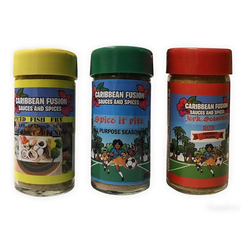  Caribbean Fusion Sauces and Spices Caribbean Fusion - Gourmet Spices and Seasonings Set -3 pack bundle - Jamaican Jerk Seasoning,Spiced Fish Fry and All Purpose Perfect as a Rub for Ribs, Chicken, Fish, Pork, BBQ, S