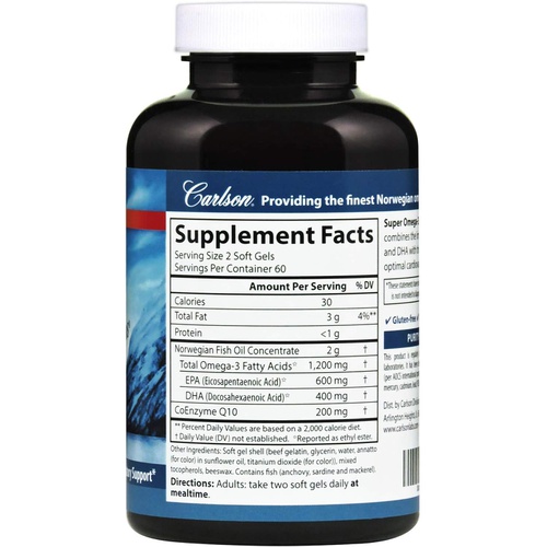 Carlson - Super Omega-3 Gems + CoQ10, 1200 mg Omega-3s 200 mg CoQ10, Circulation Function, Energy Production & Circulatory Support, 120 Softgels