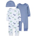 Baby Boys Blue Dino 3-Piece Jumpsuit and Hat Set