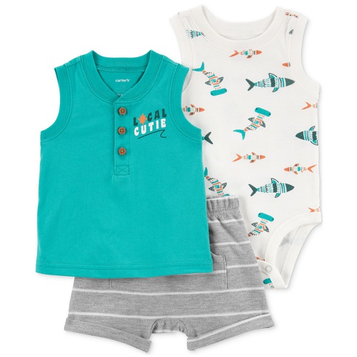 카터스 Baby Boys 3-Pc. Fish Little Sleeveless T-Shirt Bodysuit & Stripe Shorts Set