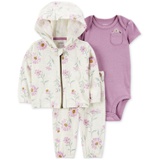 Baby Girls Cotton Floral-Print Little Hooded Jacket Bodysuit & Pants 3 Piece Set