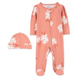 Baby Girls Cotton Floral-Print Footed Sleep & Play Coverall & Cap 2 Piece Set