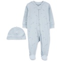 Baby Boys Cotton Airplane-Print Footed Sleep & Play Coverall & Cap 2 Piece Set