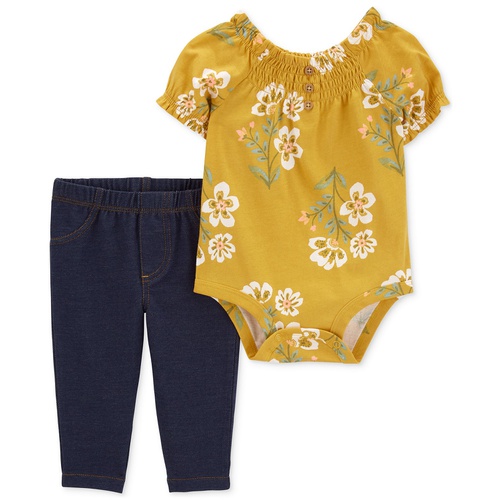 카터스 Baby Girls Floral-Print Bodysuit & Knit-Denim Pants 2 Piece Set