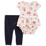 Baby Girls 2-Pc. Apple-Print Peplum Bodysuit & Knit-Denim Pants Set