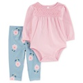 Baby Girls Cotton Eyelet-Yoke Bodysuit & Floral-Print Pants 2 Piece Set