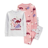 Toddler Girls Dinosaur-Print 100% Snug-Fit Cotton Pajamas 4 Piece Set