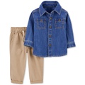 Baby Boys Cotton Denim Button Front Shirt & Pull On Pants 2 Piece Set