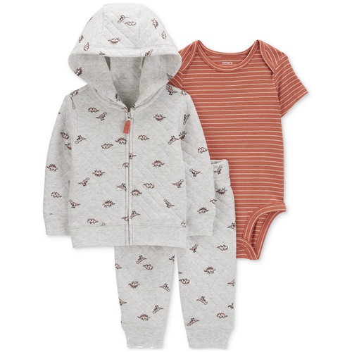 카터스 Baby Boys Quilted Dinosaur-Print Hoodie Striped Bodysuit & Quilted Dinosaur-Print Pants 3 Piece Set