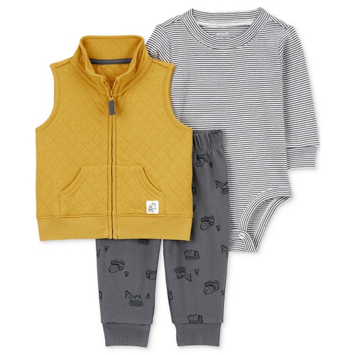 카터스 Baby Boy 3-Pc. Quilted Vest Construction-Theme Pants & Striped Bodysuit