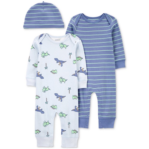 카터스 Baby Boys Blue Dino 3-Piece Jumpsuit and Hat Set