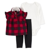 Baby Girls Buffalo Check Fleece Little Vest Bodysuit & Pants 3 Piece Set