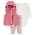 Baby Girls Quilted Hooded Little Vest Long-Sleeve Bodysuit & Flower-Print Pants 3 Piece Set