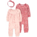 Baby Girls Pink Floral 3-Piece Jumpsuit and Headband Set