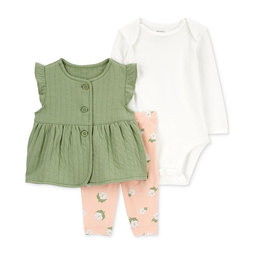 카터스 Baby Girls Double Knit Little Vest Long Sleeve Bodysuit & Flower Print Pants 3 Piece Set