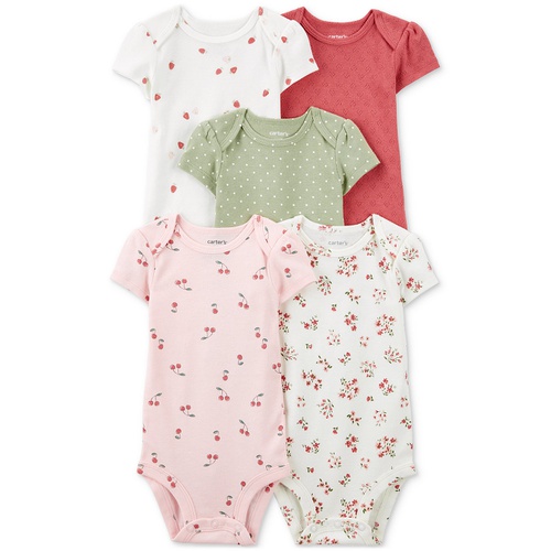 카터스 Baby Girls Cherries & Hearts Cotton Short Sleeve Bodysuits Pack of 5