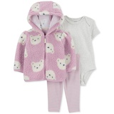 Baby Girls Faux Sherpa Bear Little Jacket Bodysuit & Striped Pants 3 Piece Set