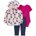 Baby Girls Faux Sherpa Floral Little Jacket Bodysuit & Denim Leggings 3 Piece Set