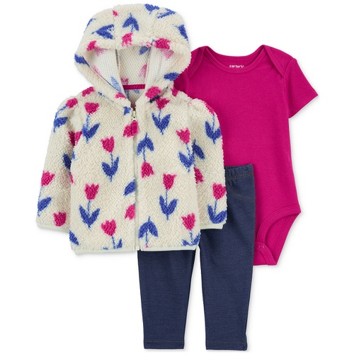 카터스 Baby Girls Faux Sherpa Floral Little Jacket Bodysuit & Denim Leggings 3 Piece Set