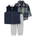 Baby Boys Little Vest Plaid Shirt & Fleece Pants 3 Piece Set