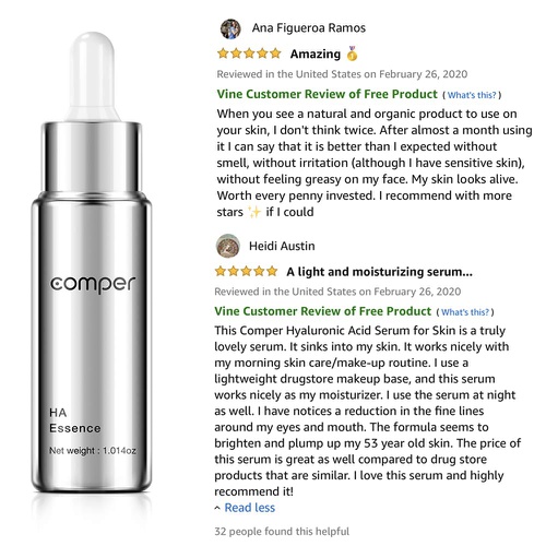  Comper Hyaluronic Acid Serum for Skin, 100% Organic Pure HA, Anti-Aging, Anti-Wrinkle Serum, Intense Hydration + Moisture Facial Serum for Dry Skin and Fine Lines, Best HA Essence