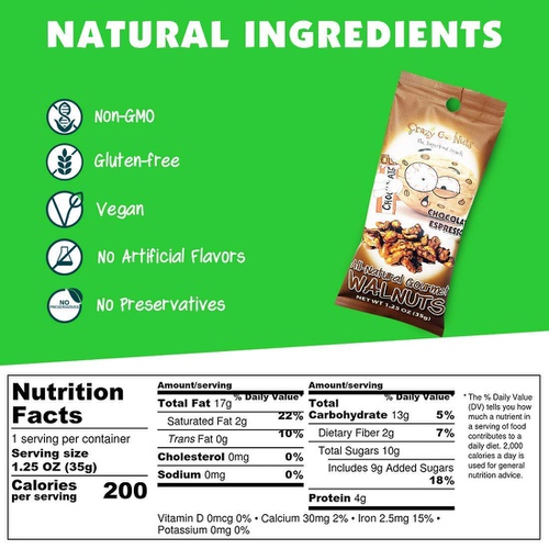  Crazy Go Nuts Walnuts - Chocolate Espresso, 1.25 oz (6-Pack) - Healthy Snacks, Vegan, Gluten Free, Superfood - Natural, Non-GMO, ALA, Omega 3 Fatty Acids, Good Fats, and Antioxidan