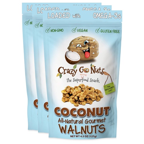  Crazy Go Nuts Walnuts - Coconut, 4.5 oz (3-Pack) - Healthy Snacks, Vegan, Gluten Free, Superfood - Natural, Non-GMO, ALA, Omega 3 Fatty Acids, Good Fats, and Antioxidants