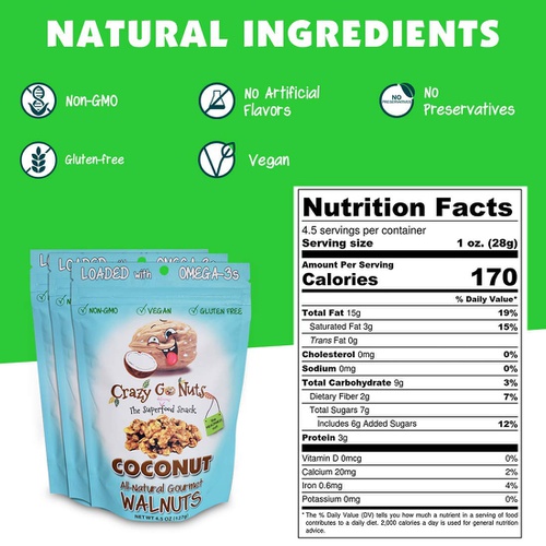  Crazy Go Nuts Walnuts - Coconut, 4.5 oz (3-Pack) - Healthy Snacks, Vegan, Gluten Free, Superfood - Natural, Non-GMO, ALA, Omega 3 Fatty Acids, Good Fats, and Antioxidants