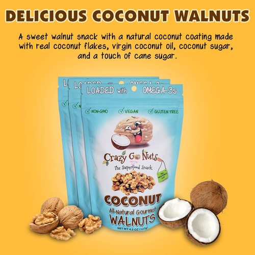  Crazy Go Nuts Walnuts - Coconut, 4.5 oz (3-Pack) - Healthy Snacks, Vegan, Gluten Free, Superfood - Natural, Non-GMO, ALA, Omega 3 Fatty Acids, Good Fats, and Antioxidants