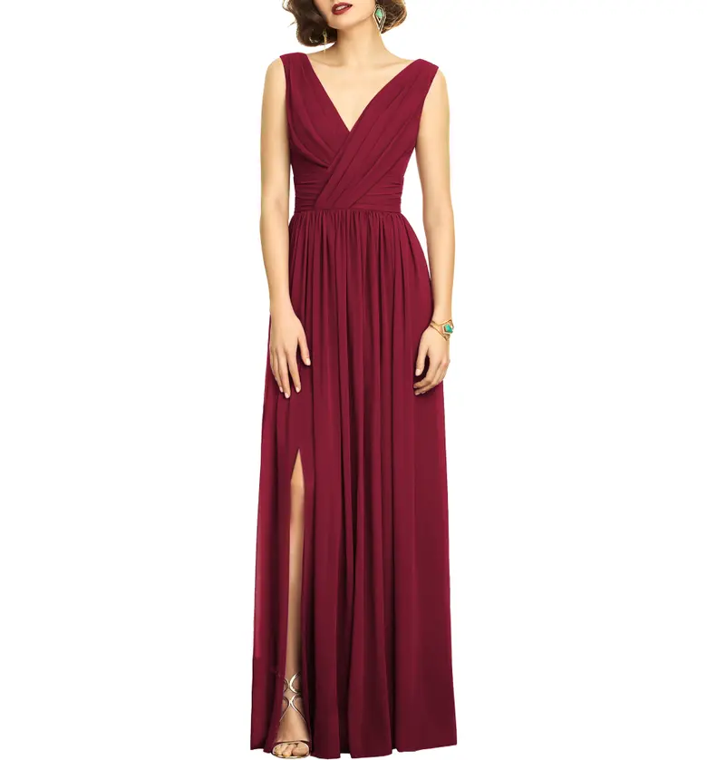 Dessy Collection Surplice Ruched Chiffon Gown_BURGUNDY