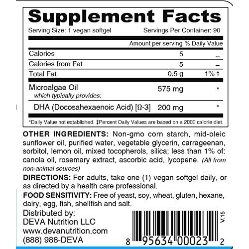  Deva Vegan Omega-3 DHA Supplement - Once-Per-Day Softgel 200 MG - Carrageenan Free - Gelatin Free - Non-Fish - Algae Oil - 90 Softgels (Pack of 2)