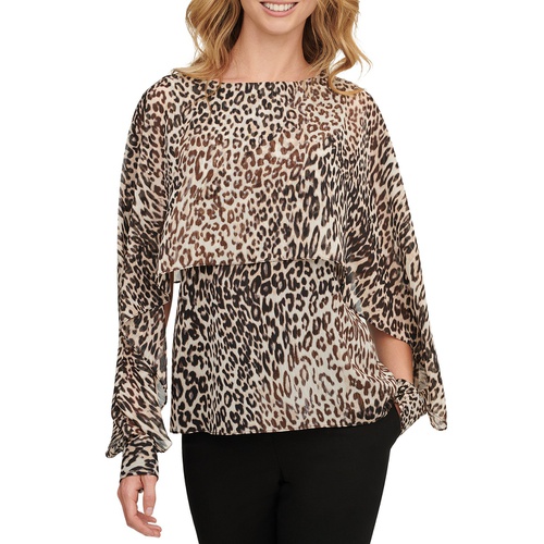 DKNY Womens Leopard-Print Cape-Sleeve Blouse