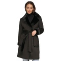 Womens Belted Notched-Collar Faux-Shearling Coat