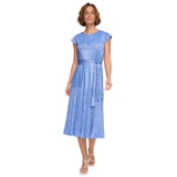 Womens Pleated Cap-Sleeve Belted Midi Dress