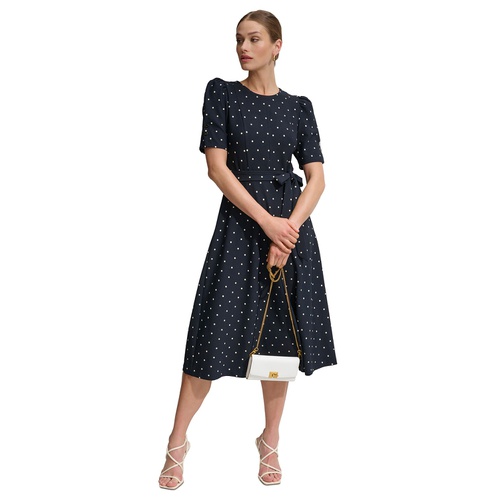 DKNY Womens Polka-Dot Puff-Sleeve Midi Dress
