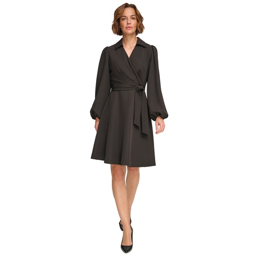 DKNY Womens Collared V-Neck Balloon-Sleeve Belted Dress