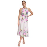 Womens Printed Halter Tie-Waist Midi Dress