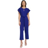 Womens Keyhole-Neck Flutter-Sleeve Belted Jumpsuit