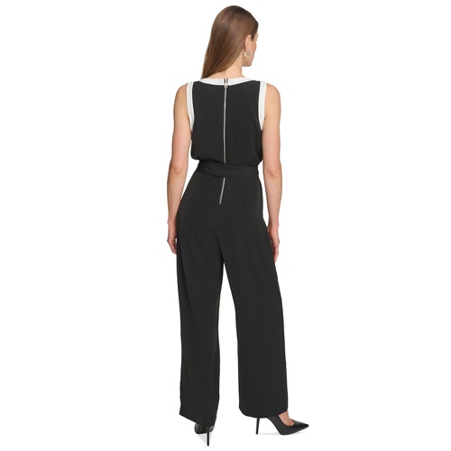 DKNY Womens V-Neck Sleeveless Tie-Waist Jumpsuit