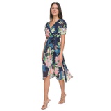 Womens Floral Tie-Waist Ruched-Sleeve Dress