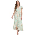 Womens Printed Faux-Wrap Gown