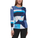 Womens Geometric Printed Side Knot Long-Sleeve Top