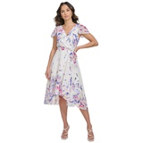 Womens Flutter-Sleeve Faux-Wrap Midi Dress