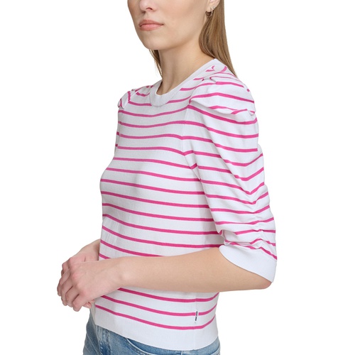 DKNY Womens Striped Ruched-Sleeve Crewneck Top