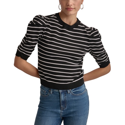 DKNY Womens Striped Ruched-Sleeve Crewneck Top