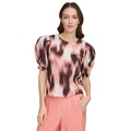 Womens Voile Printed Puff-Shoulder Woven Crewneck Top