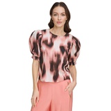 Womens Voile Printed Puff-Shoulder Woven Crewneck Top