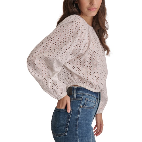 DKNY Womens Cotton Eyelet Cropped Blouse