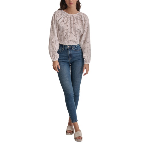 DKNY Womens Cotton Eyelet Cropped Blouse