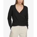 Womens Ribbed Long-Sleeve Wrap Sweater